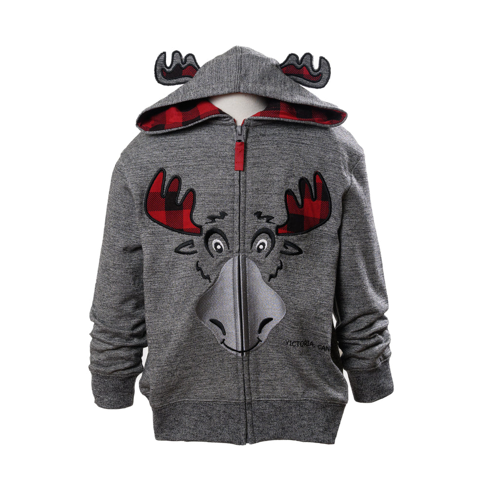 CHILDRENS MOOSE GREY AND PLAID FLEECE HOODY