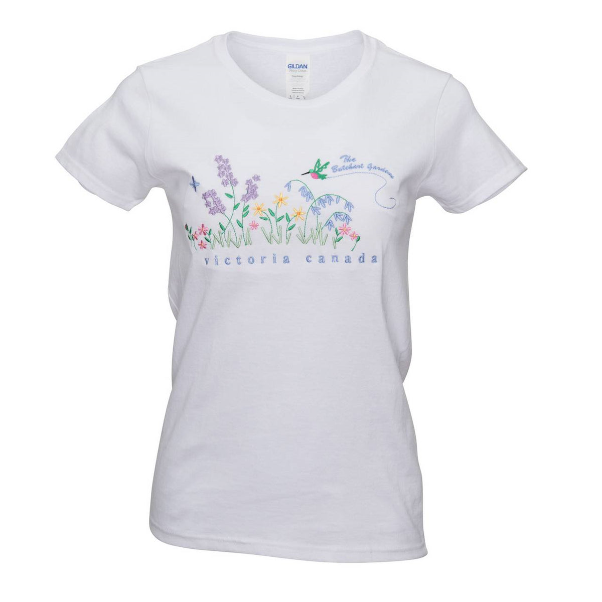LADIES EMBROIDERED FLORAL HUMMINGBIRD WHITE T SHIRT