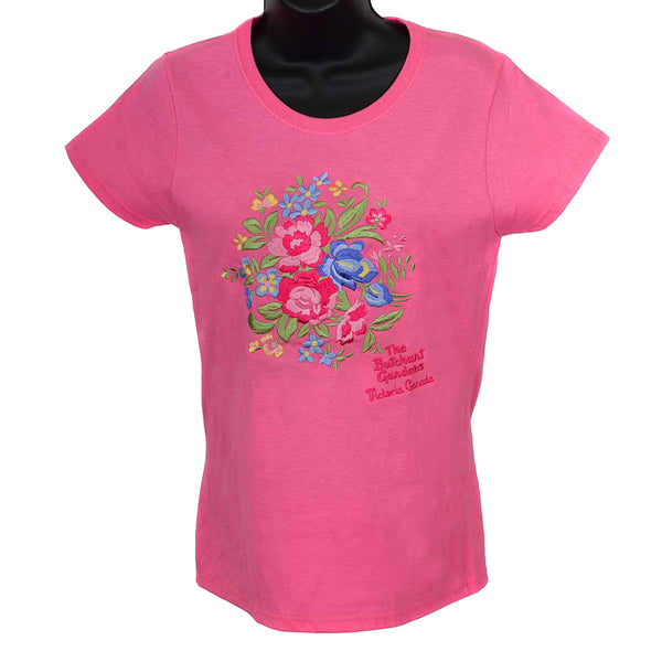 LADIES EMBROIDERED FLORAL PINK T SHIRT