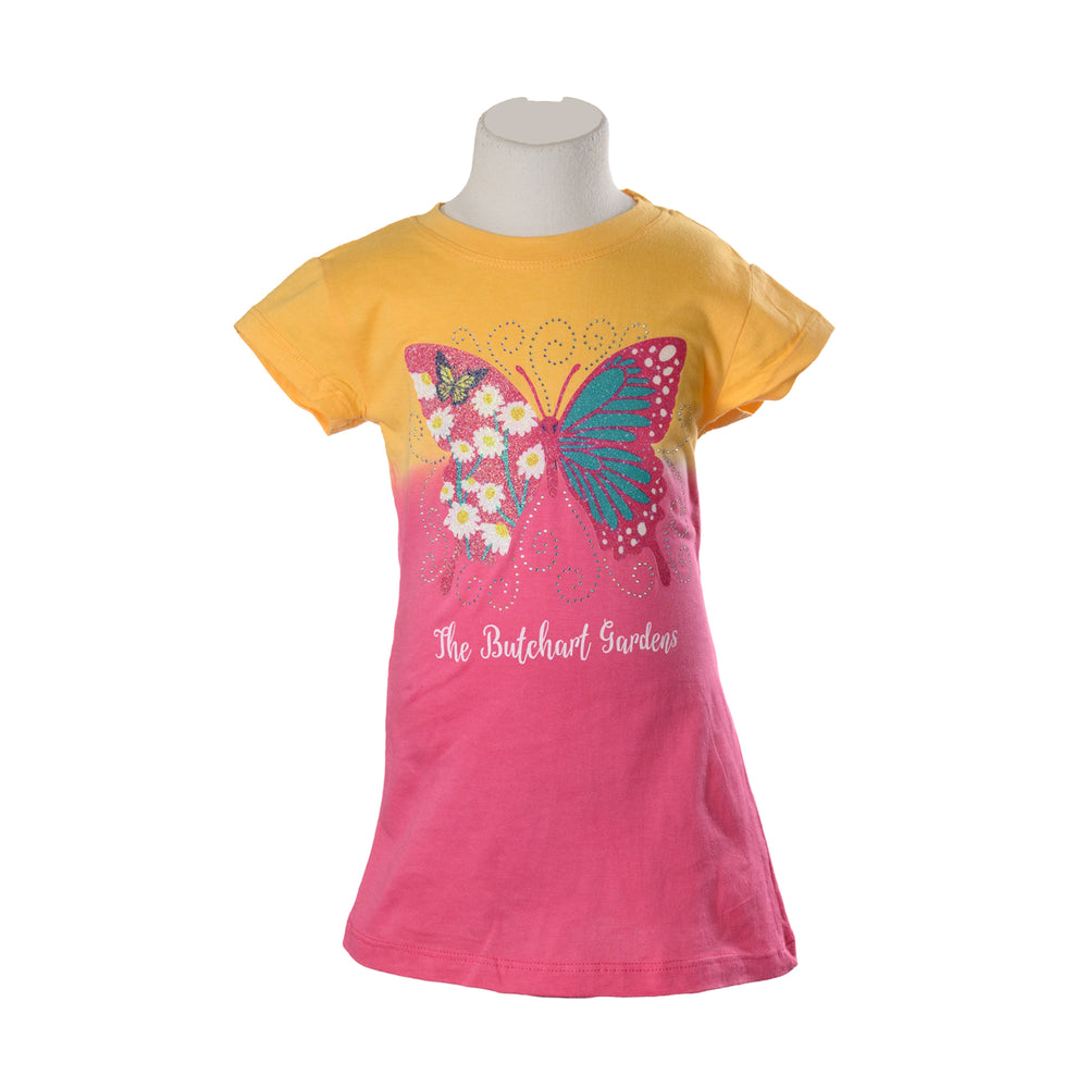 CHILDRENS GLITTER BUTTERFLY ORANGE & PINK T SHIRT