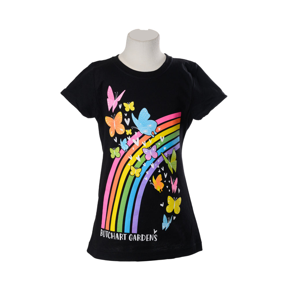 CHILDRENS RAINBOW BUTTERFLIES BLACK T SHIRT