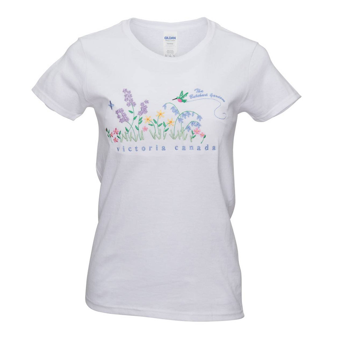 LADIES EMBROIDERED FLORAL HUMMINGBIRD WHITE T SHIRT