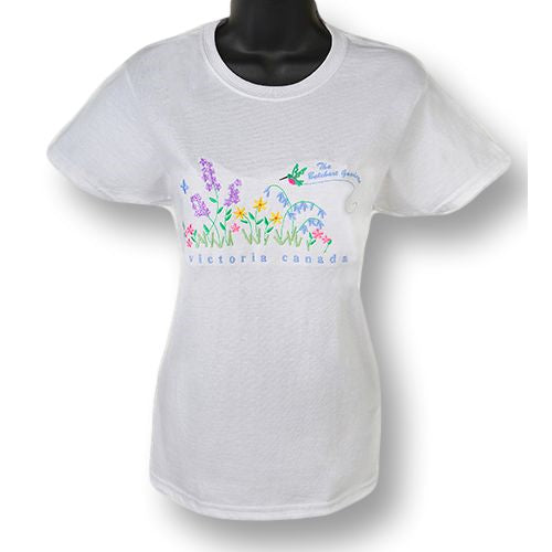 LADIES EMBROIDERED FLORAL HUMMINGBIRD WHITE T SHIRT